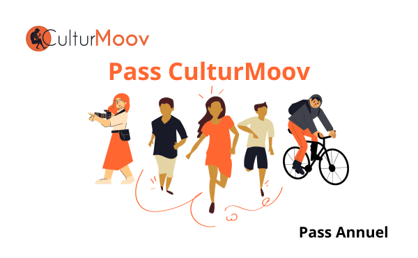 Pass CultuMoov annuel avec une image présentant un groupe de personnes à pieds et en vélo