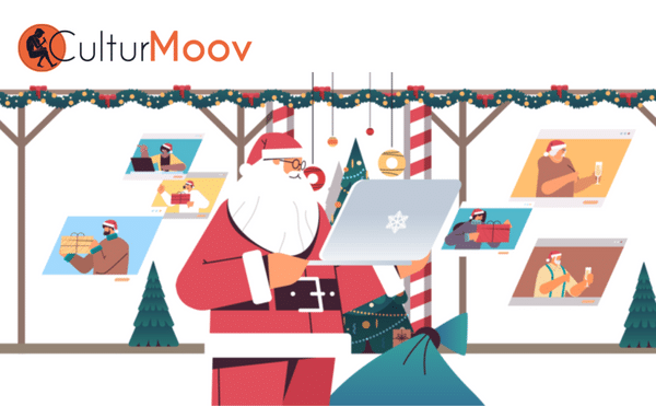 Carte cadeau de CulturMoov présentant un Père-Noël devant des cadeaux