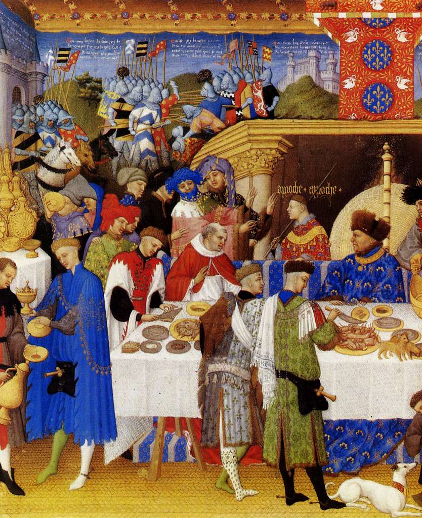 Enluminure tirée du manuscrit "Les très riches heures du Duc de Berry", le banquet du Duc de Berry